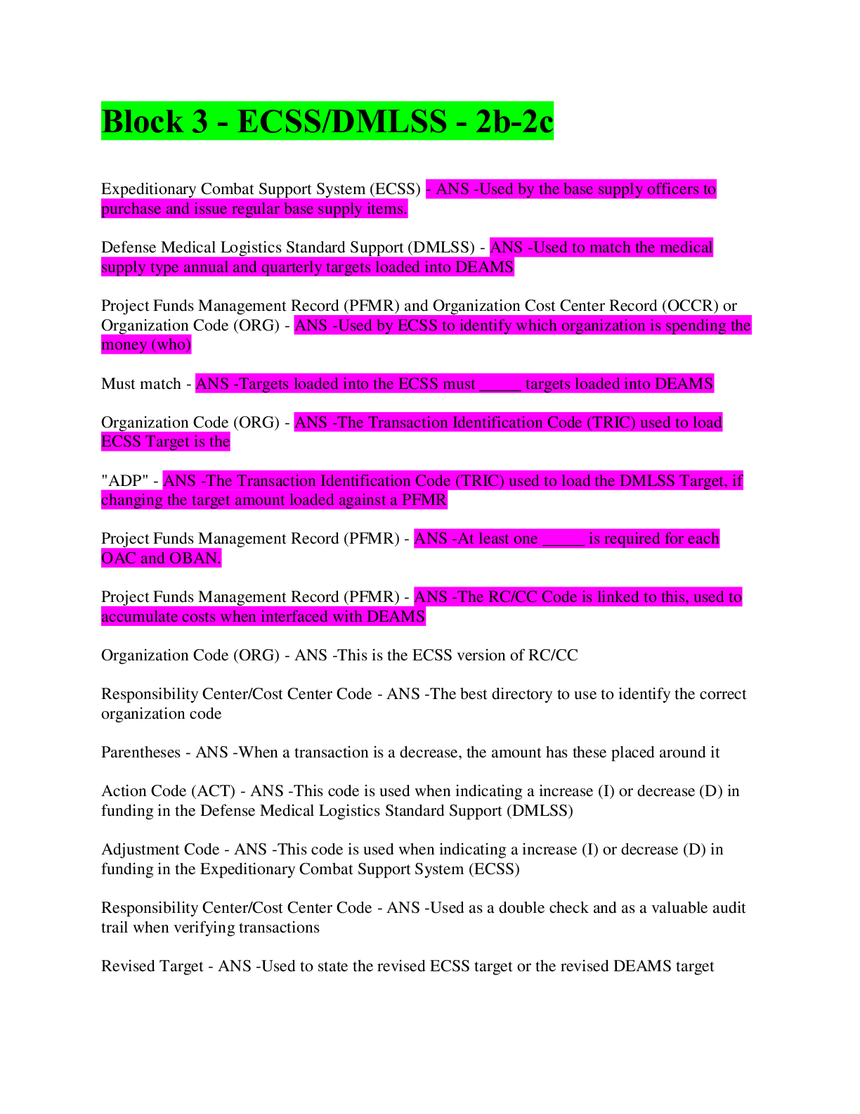 Preview image of Block 3 - ECSS/DMLSS - 2b-2c / 100% Accurate Answers document